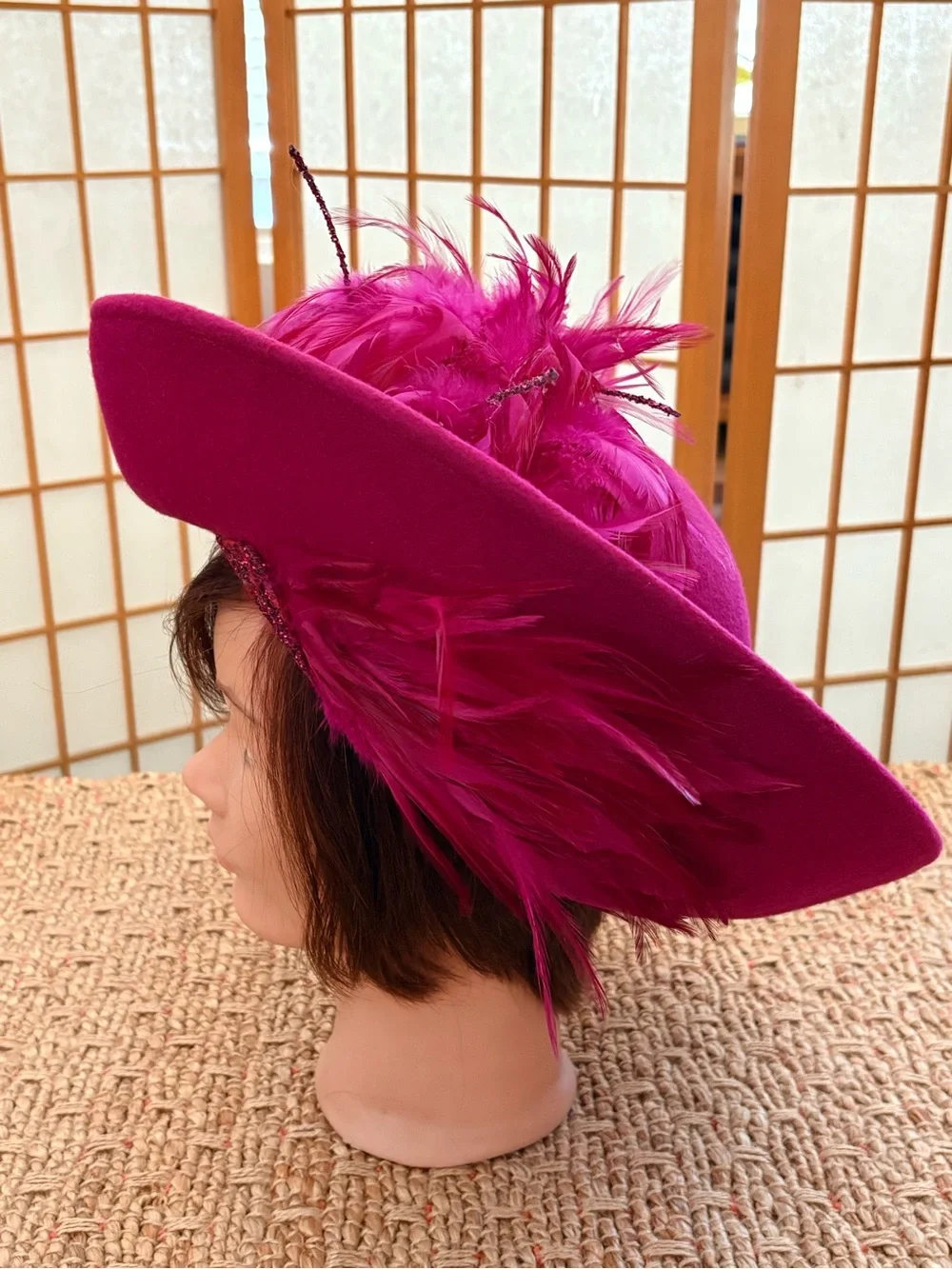 Vintage Deborah Fashions Fuchsia Feathered Felt Tilt Hat with Decorative Trim